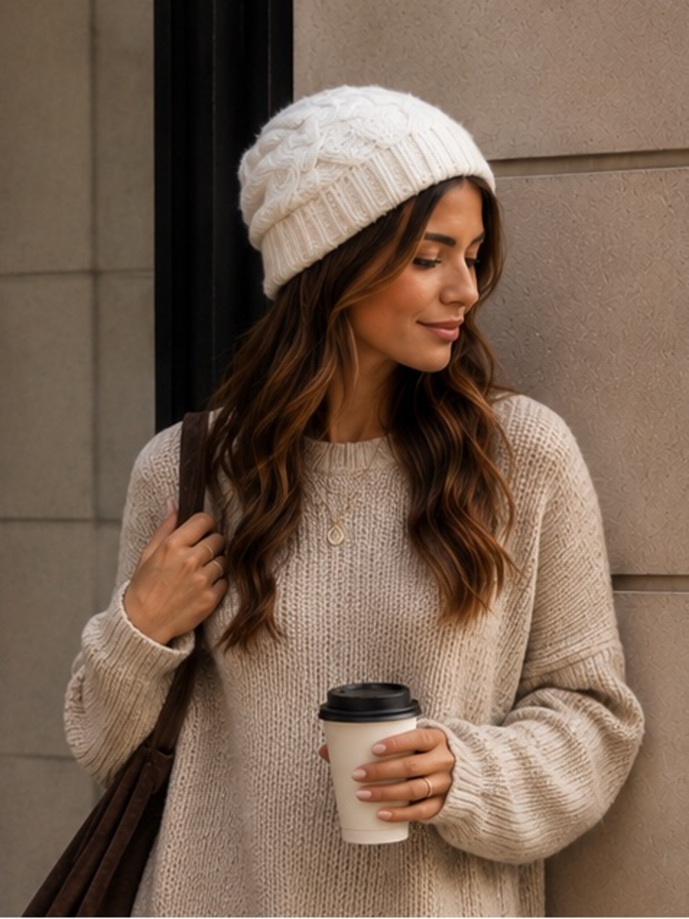 Milan Ivory Cable Knit Slouchy Beanie Hat Chunky Cute Cozy Winter Warm Toboggan